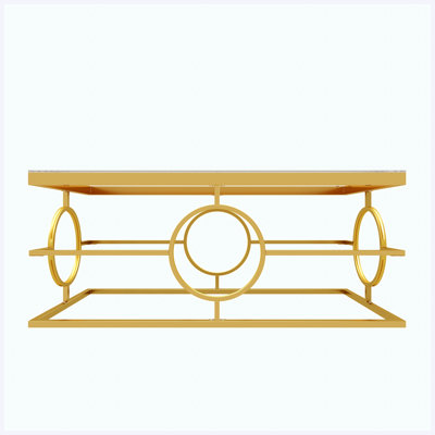 Modern Luxury Glass Coffee Table with Gold Metal Frame, Rectangular Cocktail Table with Geometric Circle Base, Glam Center Table