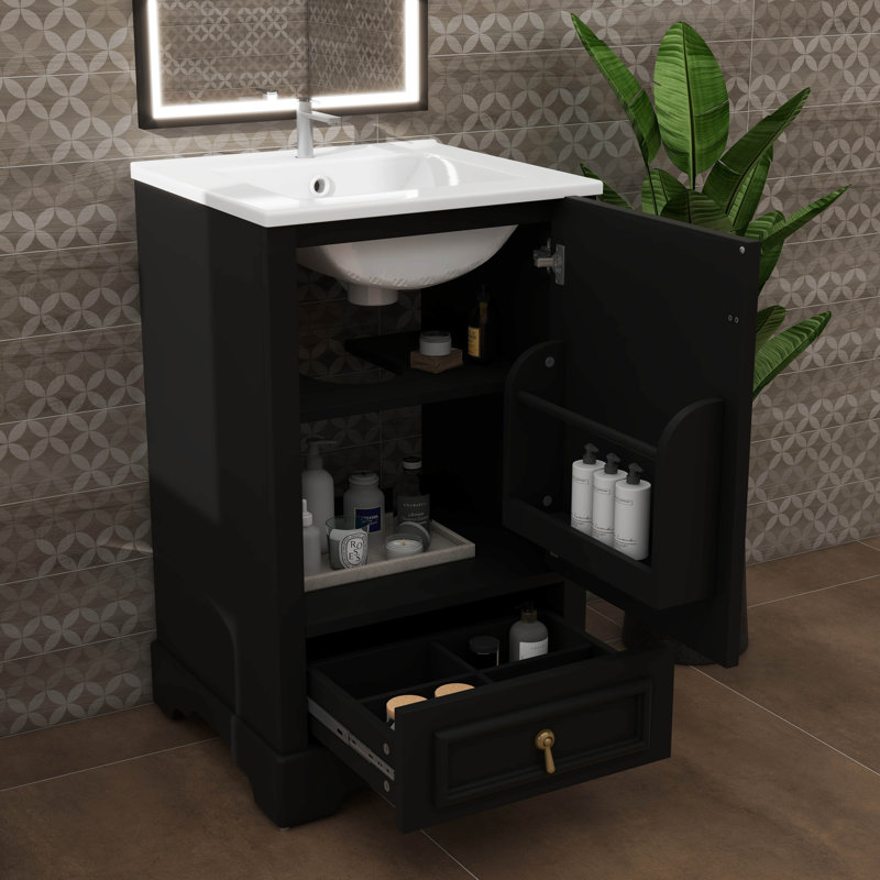 Meuble-lavabo de 20 po avec lavabo simple intégré, tablette ajustable en U, tiroir à compartiments et support de rangement fixé à la porte