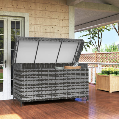  153cm W 627L Wicker Deck Box with Wheels in Dark Grey