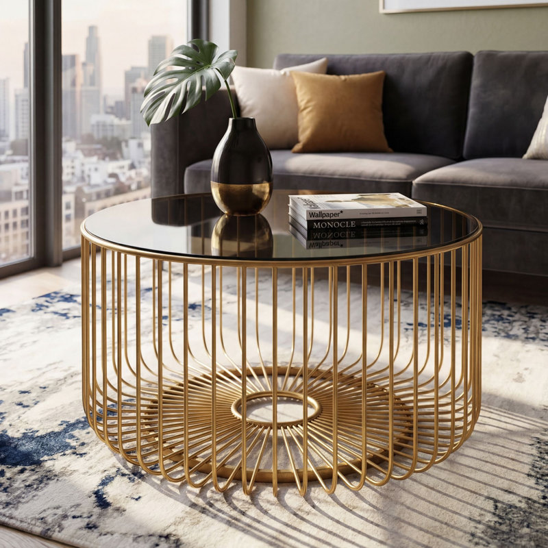 Round Glass Coffee Table with Gold Frame