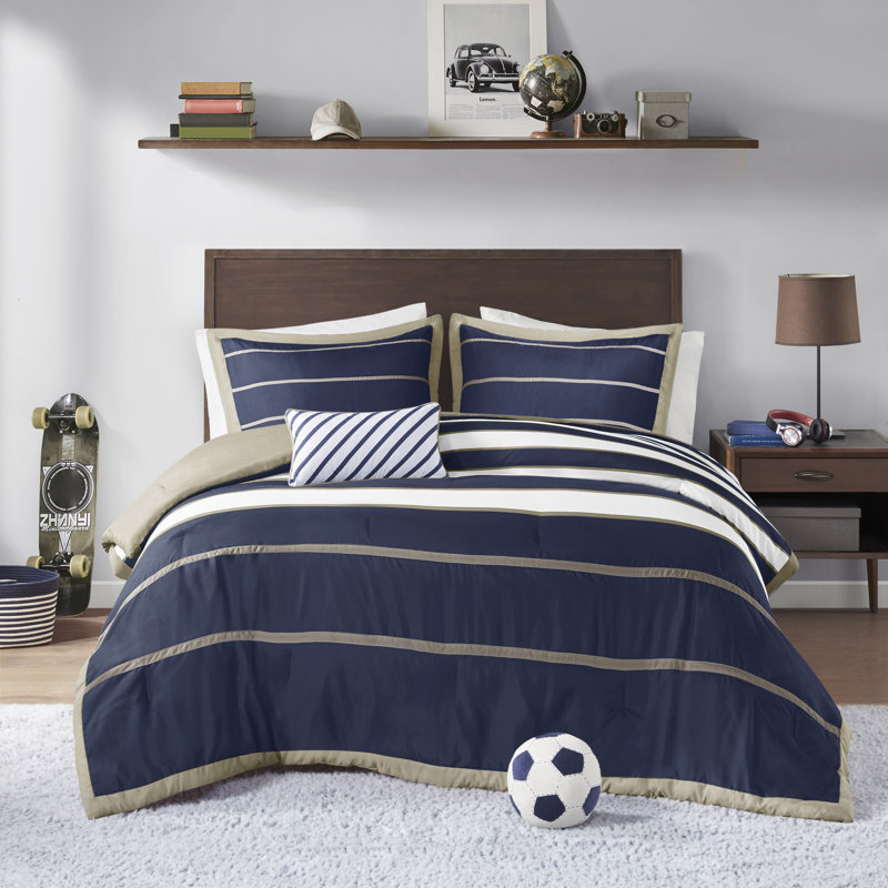 Ashton Striped 4-Piece King/Cal King Comforter Set, Khaki/Navy, King/Cal King Comforter + 2 Shams + 1 Pillow