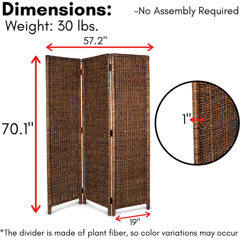 Handwoven Seagrass 3-Panel Folding Room Divider in Brown