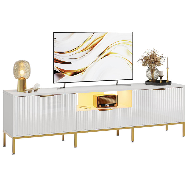 Fluted TV Stand, Glossy Media Console with Wave Pattern Buffet Cabinet, 54cm H x 178cm W x 35cm D, White