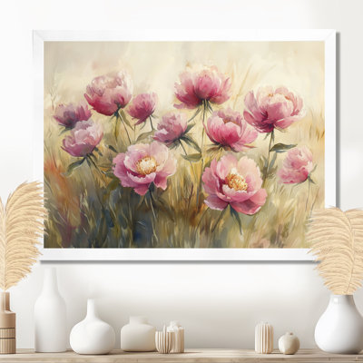 Pivoines dans le champ balayé par le vent III - pivoines, art mural