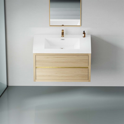 Meuble-lavabo mural 36 po avec lavabo, armoire de rangement flottante pour salle de bain avec comptoir en résine de pierre et 2 tiroirs à fermeture en douceur