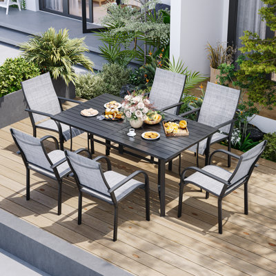 7-Piece Outdoor Dining Set For 6, Patio Table And Textilene Chairs, Outdoor Table And Chairs With Umbrella Hole, Brown/Gray/Blue
