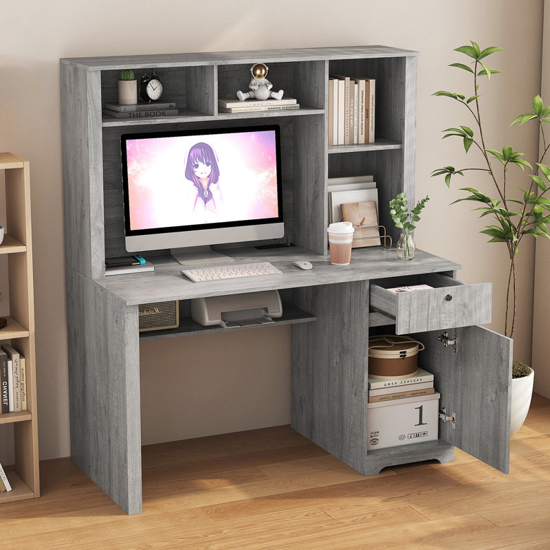Wooden Computer Desk With Bookshelf, Cabinet, Drawer And 3 AC Outlets And 2 USB Charging Ports, Grey