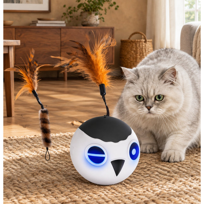 Balle pour chat à détecteur de mouvement automatique pour chats d'intérieur avec 4 sons, 3 modes de vitesse, roulement rapide, lumière clignotante, activation par mouvement et 2 recharges de plumes.