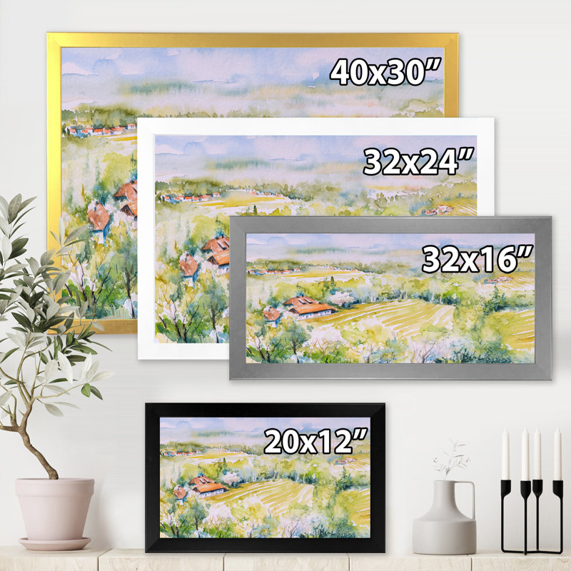 Blossoming Green Fields in Countryside - Peinture sur toile, Toile encadrée d'or, H 30 po x l 40 po x 1,5 po