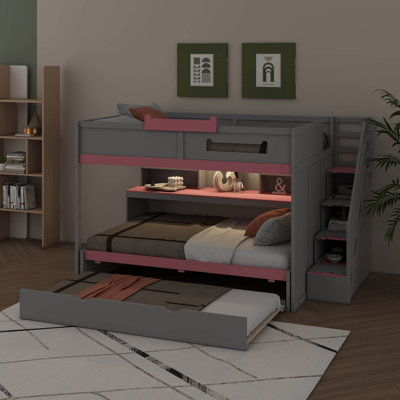 Lit superposé multifonctionnel avec escalier, lit gigogne et tablettes de rangement, DEL