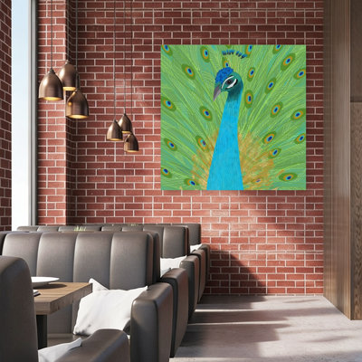 Majestic Blue Peacock Colorful Elegant Vibrant Bird Nature Portrait Wall Art Print by Carla Daly - Wrapped Canvas Print
