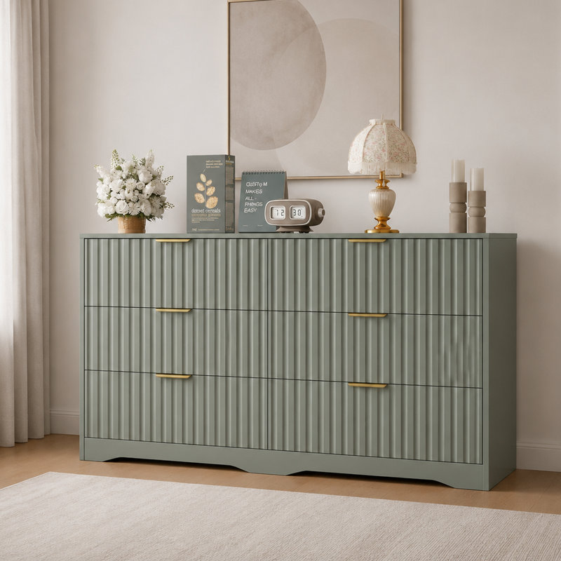 Commode 6 tiroirs cannelée en bois moderne, Vert