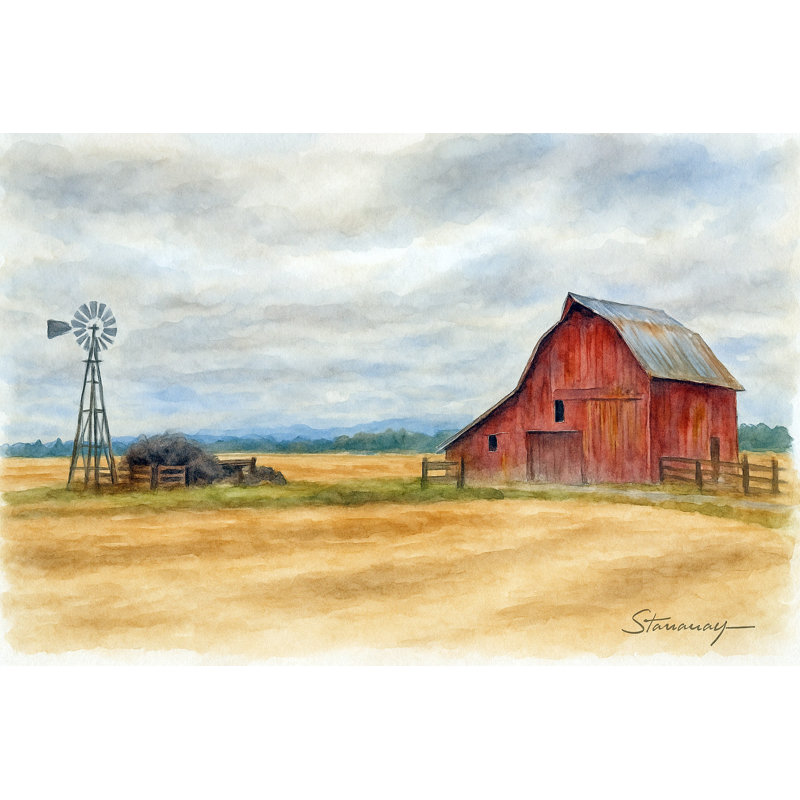 «Rustic Farmstead», art sur toile à l'aquarelle, H 24 po x l 36 po
