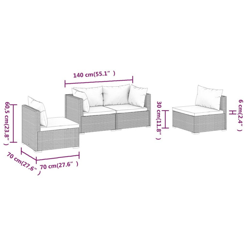 Ensemble de canapé modulaire d'extérieur 4 pièces Joez, table basse, rotin, rouge