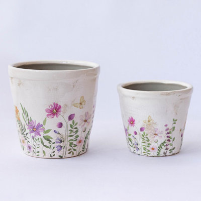 Set Of 2 Wildflowers And Butterflies Pattern Flower Pots Planters