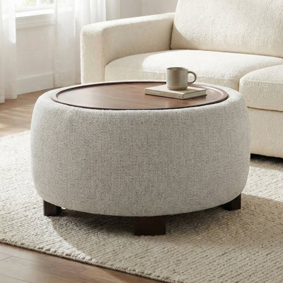 Upholstered Round Storage Ottoman with Wooden Tray