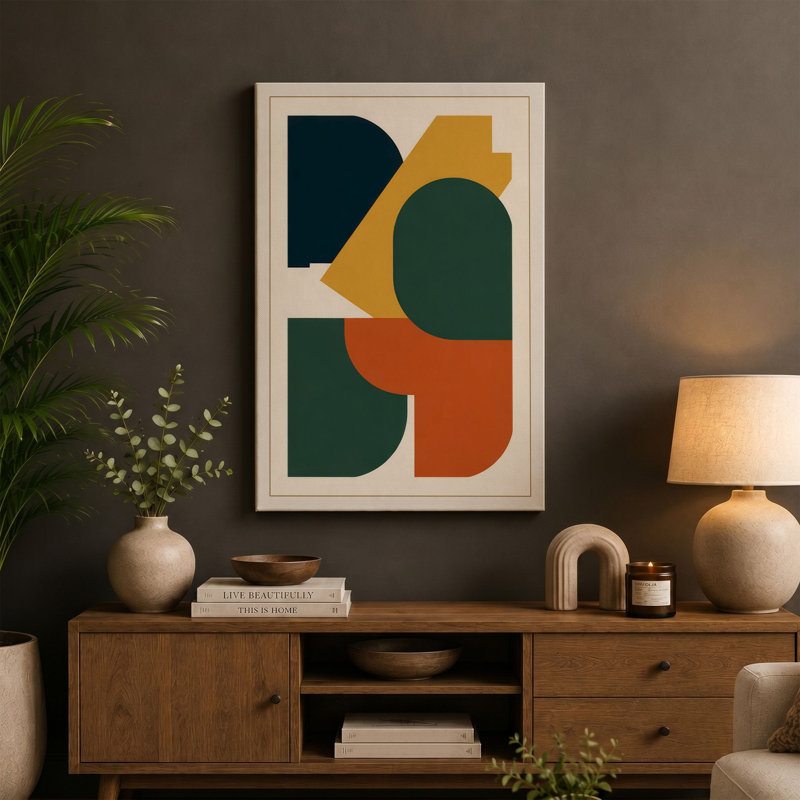 Geometric Harmony Mid-Century - Wrapped Canvas, 36x24 - 91.4 x 61.0 cm, Cream Border