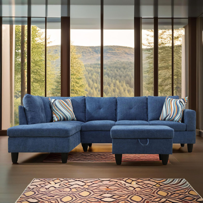 103" Monaco Navy Blue Linen 3-Piece Sectional Sofa Set With Chaise And Storage Ottoman, Left Hand Facing