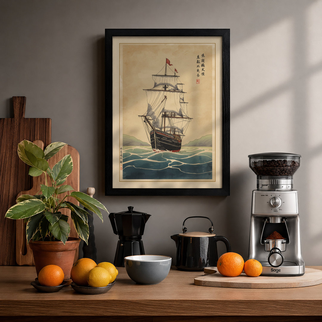 Sailing Ship at Seas Japandi - Framed Print