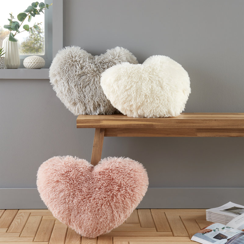 Cuddly Deep Pile Faux Fur Heart Shaped Cushion, Cream