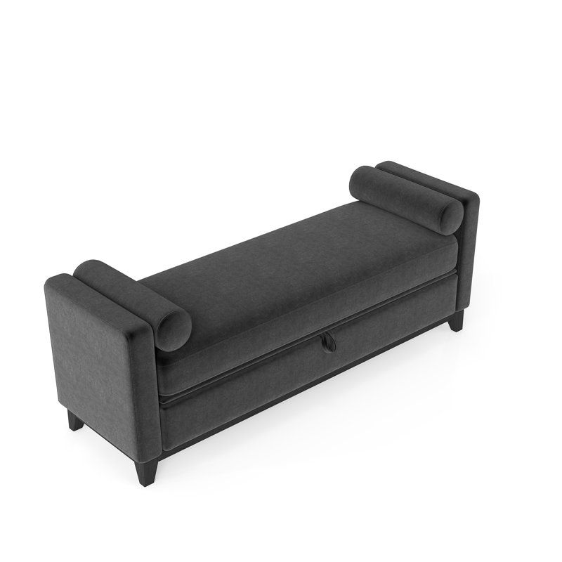Banc de rangement noir de 66 pouces avec pieds en bois massif et 2 traversins, parfait pour le bout du lit, la chambre à coucher ou le salon, avec entrée en tissu respirant cannelé, pieds équipés, caché