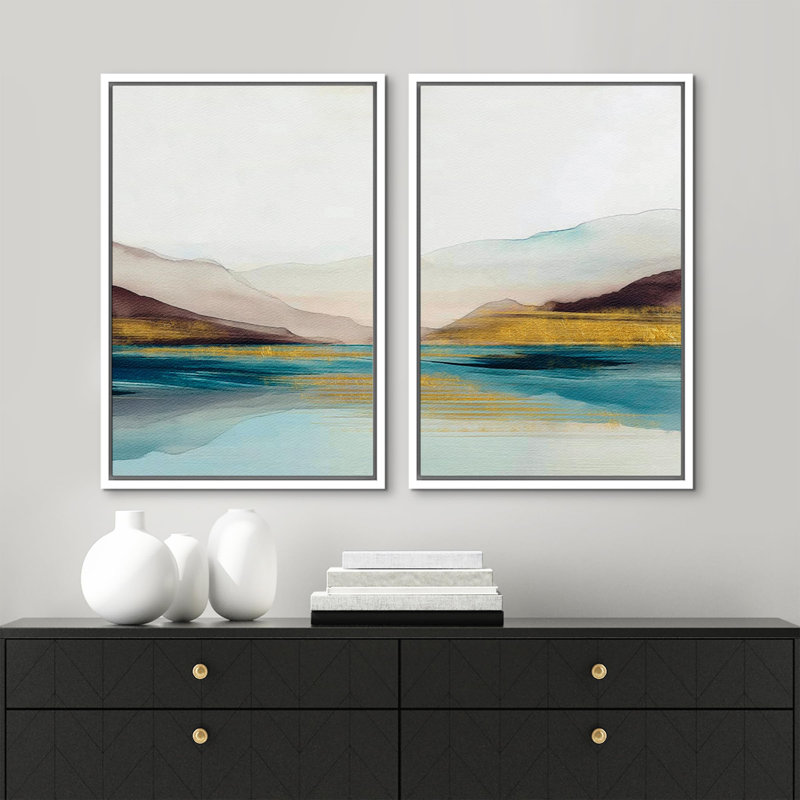 «Mid-Century Modern Brown Abstract Polygon», 2 pièces sur toile, H 36 po x l 24 po, Cadre blanc