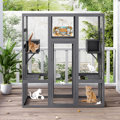 Extra Large Cat Catio With Waterproof Cover And 4 Jumping Platforms, Cat Condo And Attach Window Pet Door, Gray