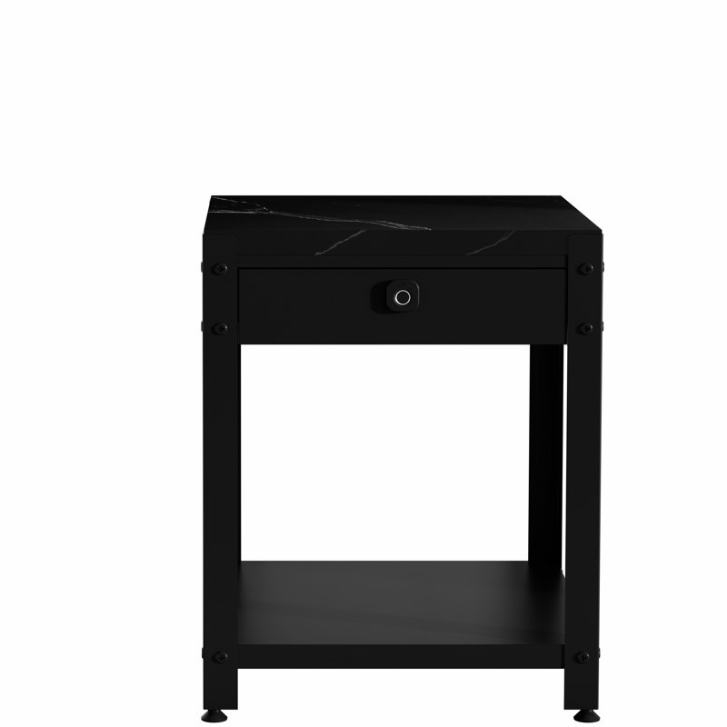 Table basse carrée double couche avec compartiment caché et protection contre les empreintes digitales, motif en marbre noir, idéale pour les salons dans les appartements, avec matériaux, alarme de profondeur 19,41 po