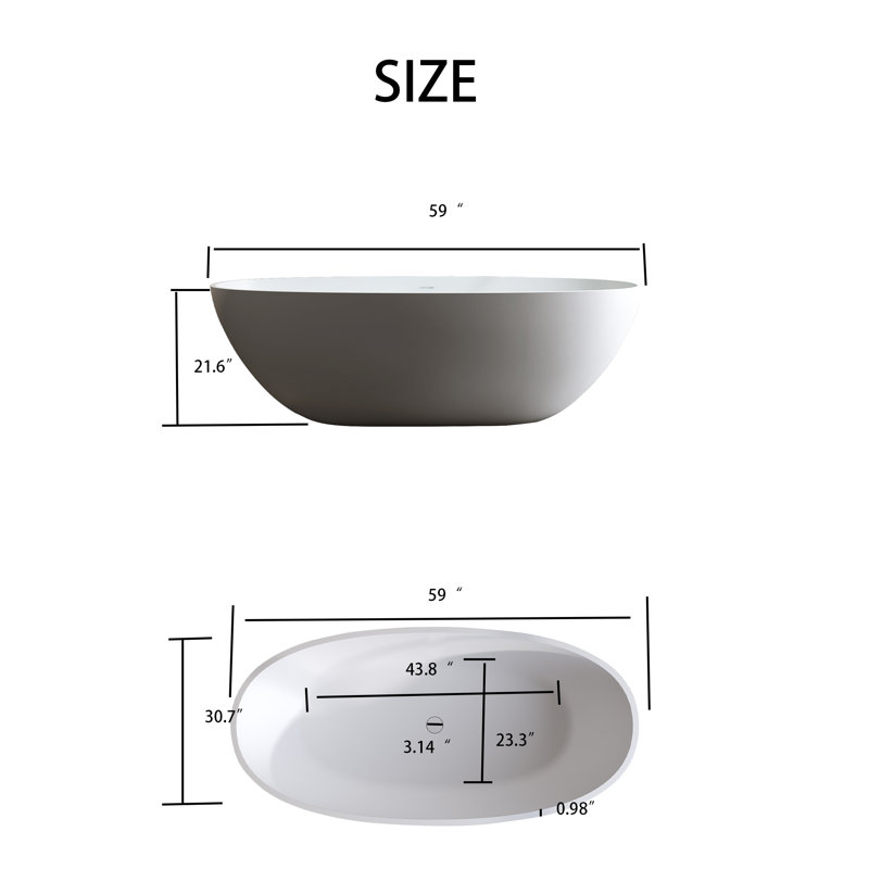 Baignoire de trempage autoportante ovale en résine de 59 po de profondeur - 21 po de profondeur, blanc mat, bonde escamotable incluse