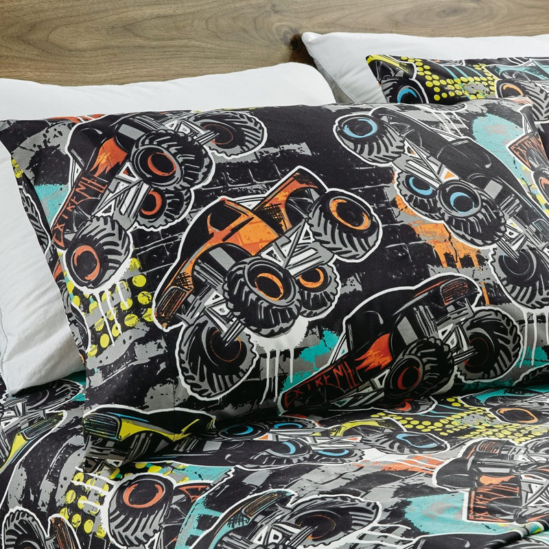 Fun Kids Teens Microfiber Sheet Set, Blue/Green Monster Trucks, Queen Sheet Set with 2 Pillowcases