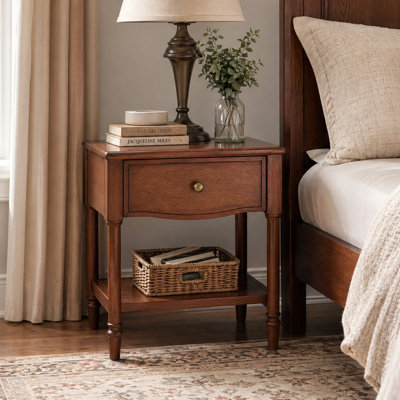 Small Nightstand, Solid Wood Mid-Century Modern Fully Assembled Bedside Table with Drawer & Open Shelf, Spindle Legs, 17.32"W x 19.69"H, Walnut Finish Vintage End Table for Bedroom
