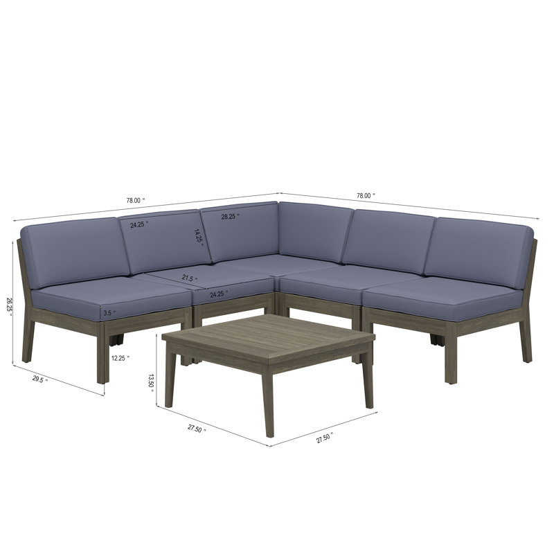 Ensemble modulaire d'extérieur en bois d'acacia rustique avec table basse 6 pièces Ravina, Gris foncé