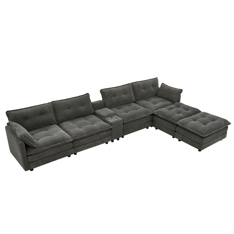 Canapé modulaire de 154 po avec repose-pieds en nuage avec repose-pieds modulaire en U pour salon, canapé modulaire surdimensionné en velours côtelé 6 places avec console centrale USB