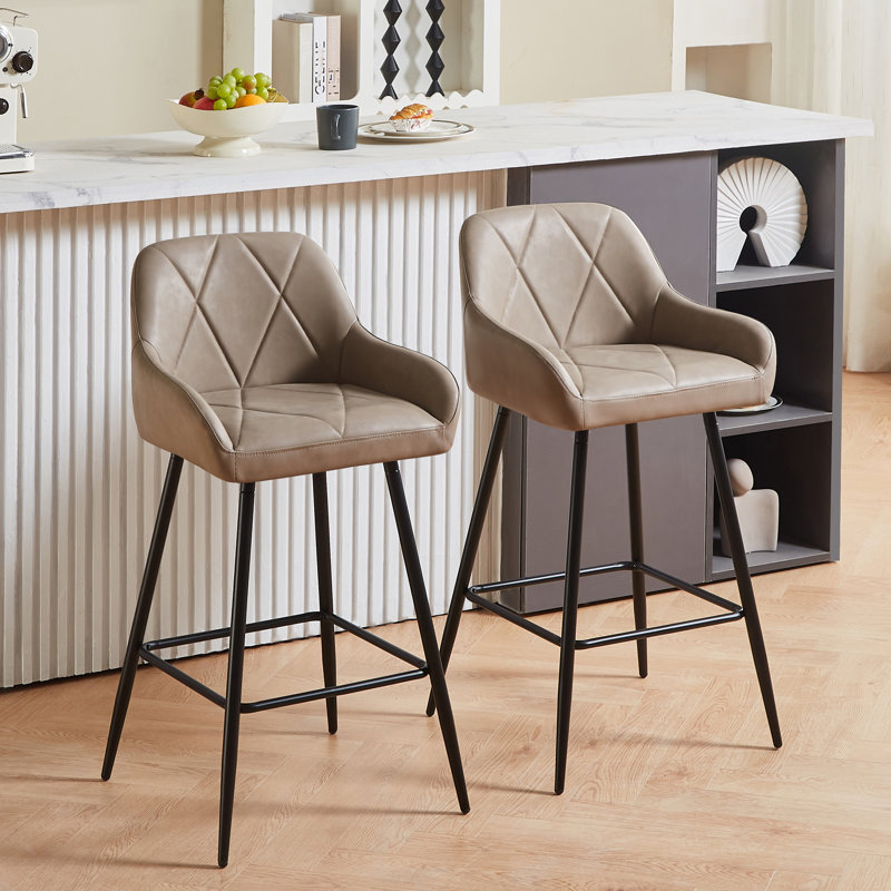 Faux Leather Upholstered Counter Bar Stools with Armrest, Latte