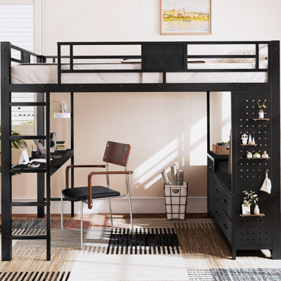 Grand lit mezzanine avec bureau et tablettes, structure de lit mezzanine en métal noir avec poteau de corde à linge, panneau perforé de rangement, sac à lessive, mezzanine pour adultes pour les dortoirs, chambre à coucher, noir