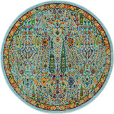 Round Floral Power Loomed Polypropylene Area Rug in Aqua/Blue/Orange