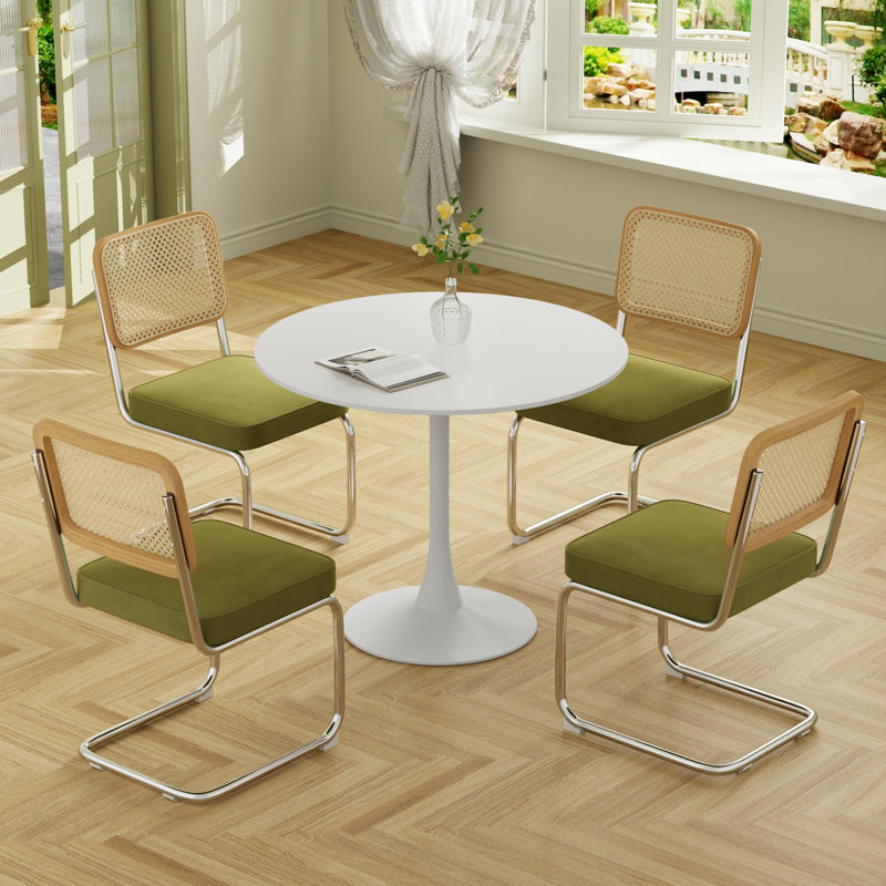 5 - Piece Pedestal Dining Table Set, Green/Silver, 28.7"H x 31.5"L x 31.5"W, White