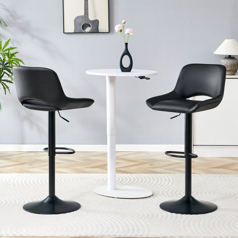 Set Of 2 Adjustable Swivel Bar Stools In Black PU Material With Footrest, Black