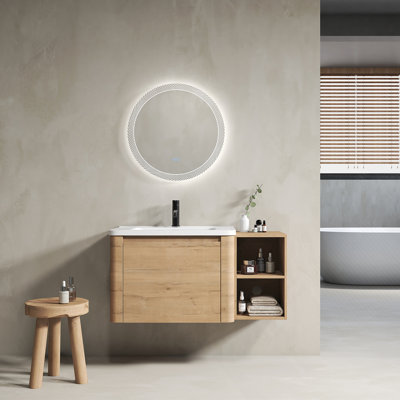 Meuble-lavabo mural 40 po avec lavabo en céramique blanche et tablettes de rangement et 1 porte à fermeture en douceur, emballage KD, contreplaqué