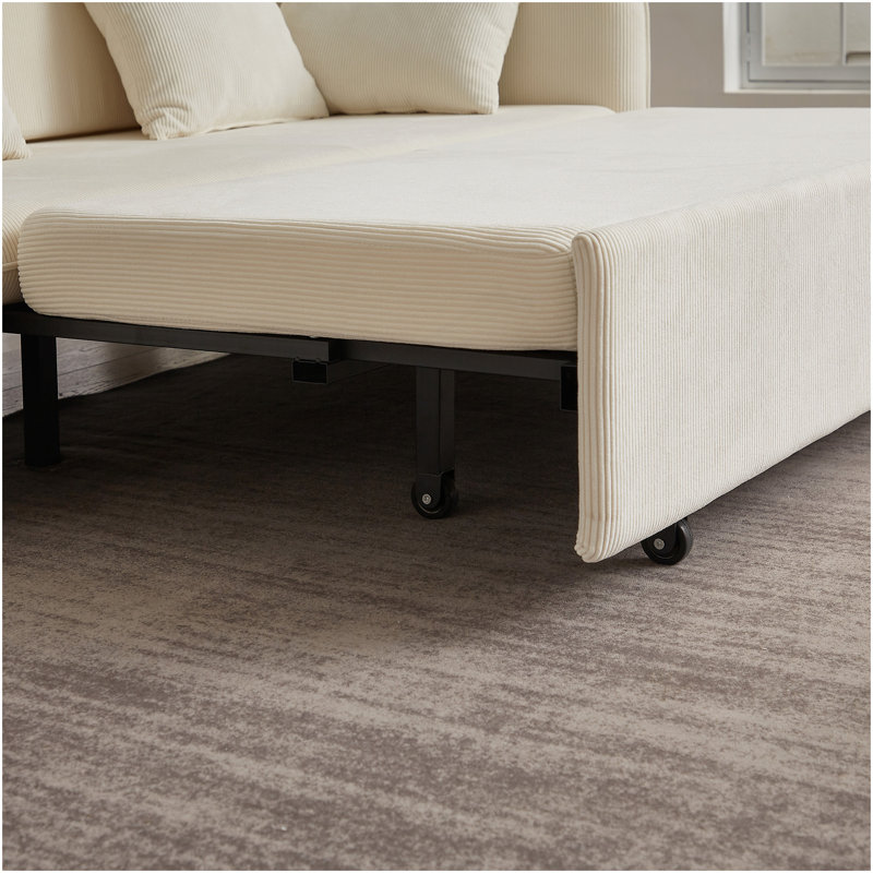 Canapé-lit réglable 66 po 3-en-1 avec lit escamotable 4 coussins et canapé-lit en velours côtelé convertible Pocke pour salon, chambre, bureau, beige