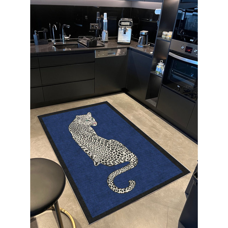 Tapis tissé bleu marine à motif léopard, Rectangle 4 pi 7,12 po x 6 pi 6,74 po