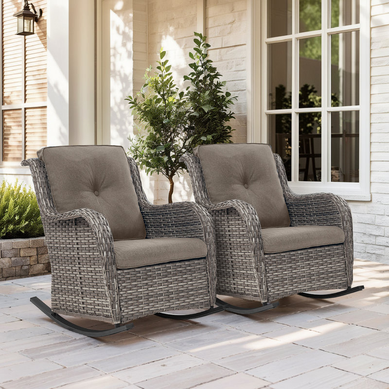 Ensemble de chaises berçantes d'extérieur en osier avec coussins 2 pièces Dahlyla, Bleu, Gris