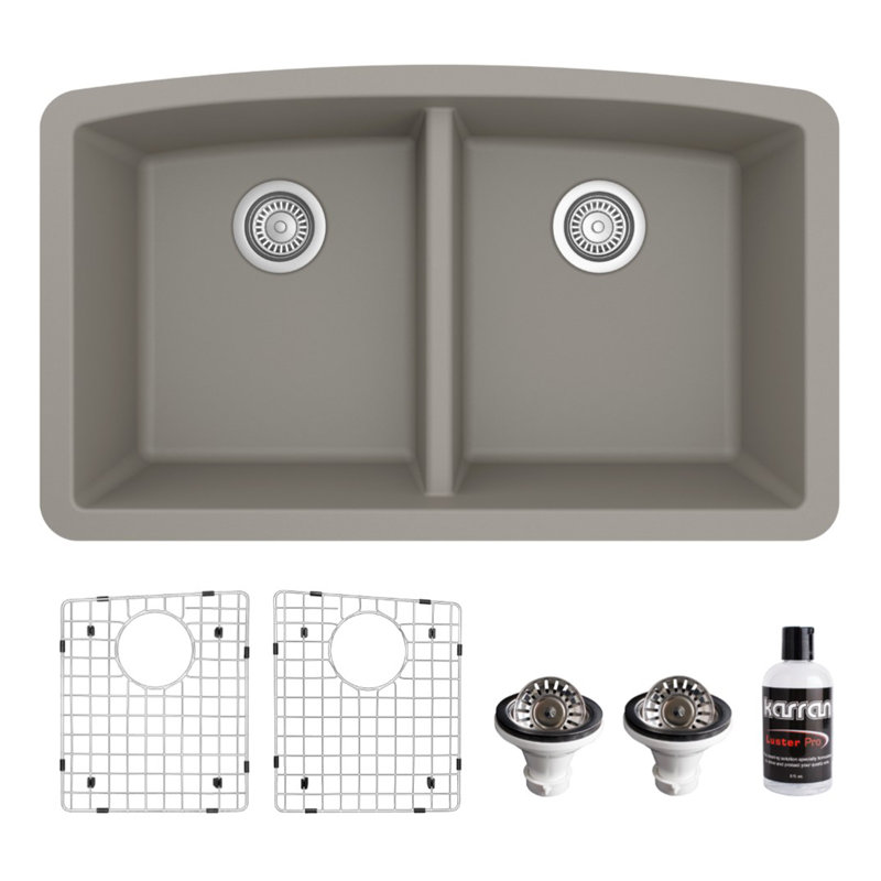 Karran Quartz 32-1/2'' X 19-1/2'' Double Bowl 50/50 Undermount Kitchen Sink Kit, Concrete