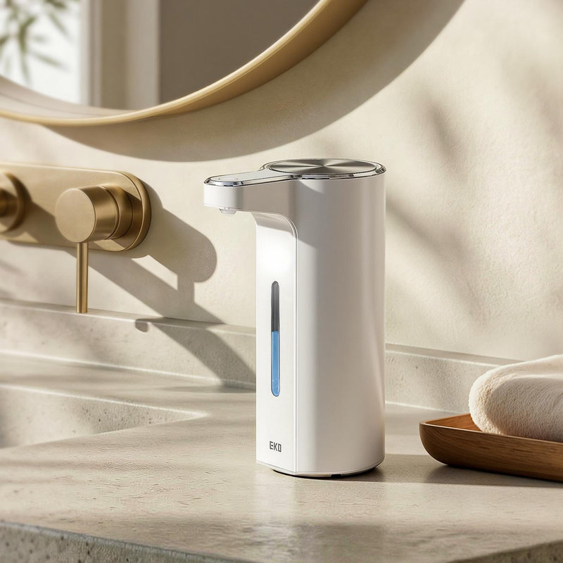 Distributeur de savon liquide automatique sans contact 13,5 oz liq. EKO Aroma Pro, distributeur de savon à main et à vaisselle électrique rechargeable pour salle de bain et cuisine, Ipx7 imperméable, contrôle de volume réglable (blanc)