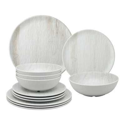 12 Piece Wood Gray Melamine Dinnerware Set Plate and Bowl Set - Service for 4
