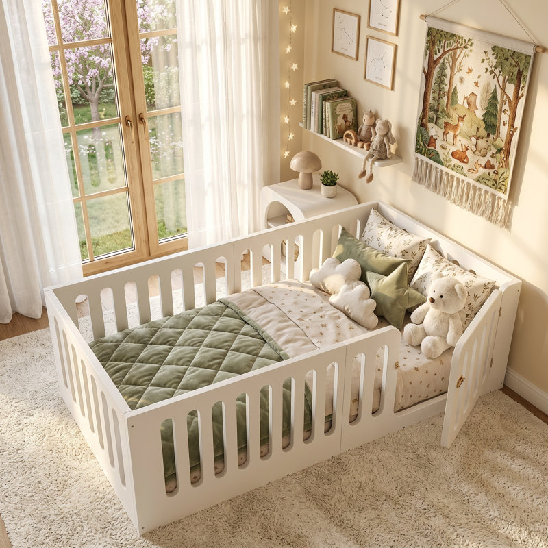 Lit pour enfant en bois massif avec porte espiègle Benedict Montessori, Lit simple, Blanc
