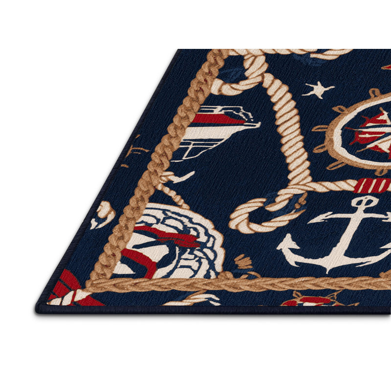 Washable Marina elements Nautical Area Rug, Round 5'
