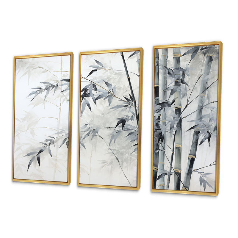 Bambou sauvage noir et blanc - ensemble d'art mural en bambou, Cadre flottant doré, H 32 po x l 48 po x P 1 po