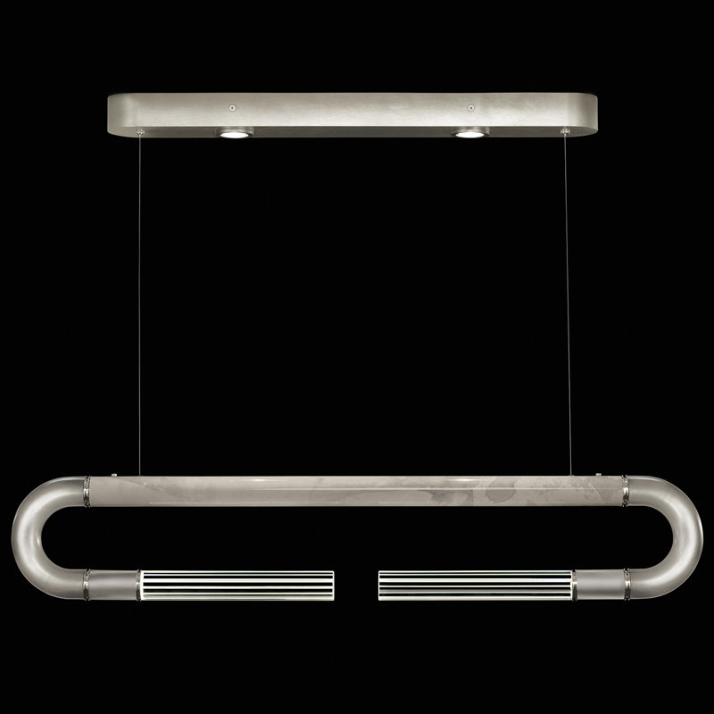 Luminaire suspendu linéaire avec peau Antonia, Feuille d'argent / nickel / fumée