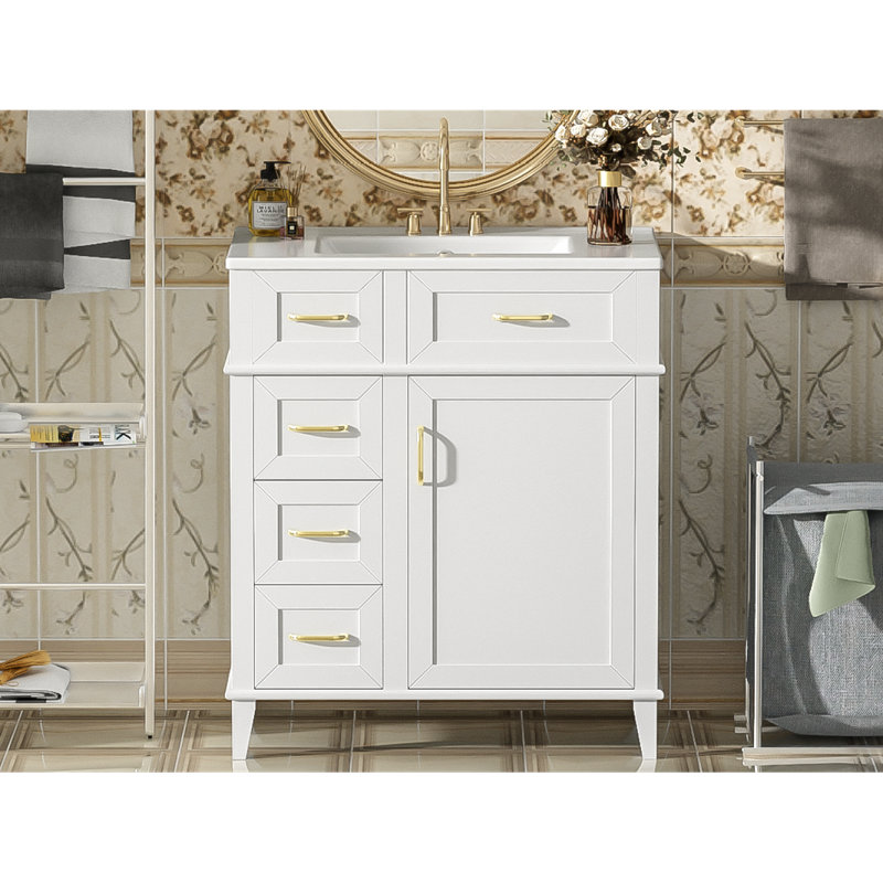 Meuble-lavabo de salle de bain avec lavabo en céramique / tablette / porte réglable et trois tiroirs / meuble-lavabo, Blanc